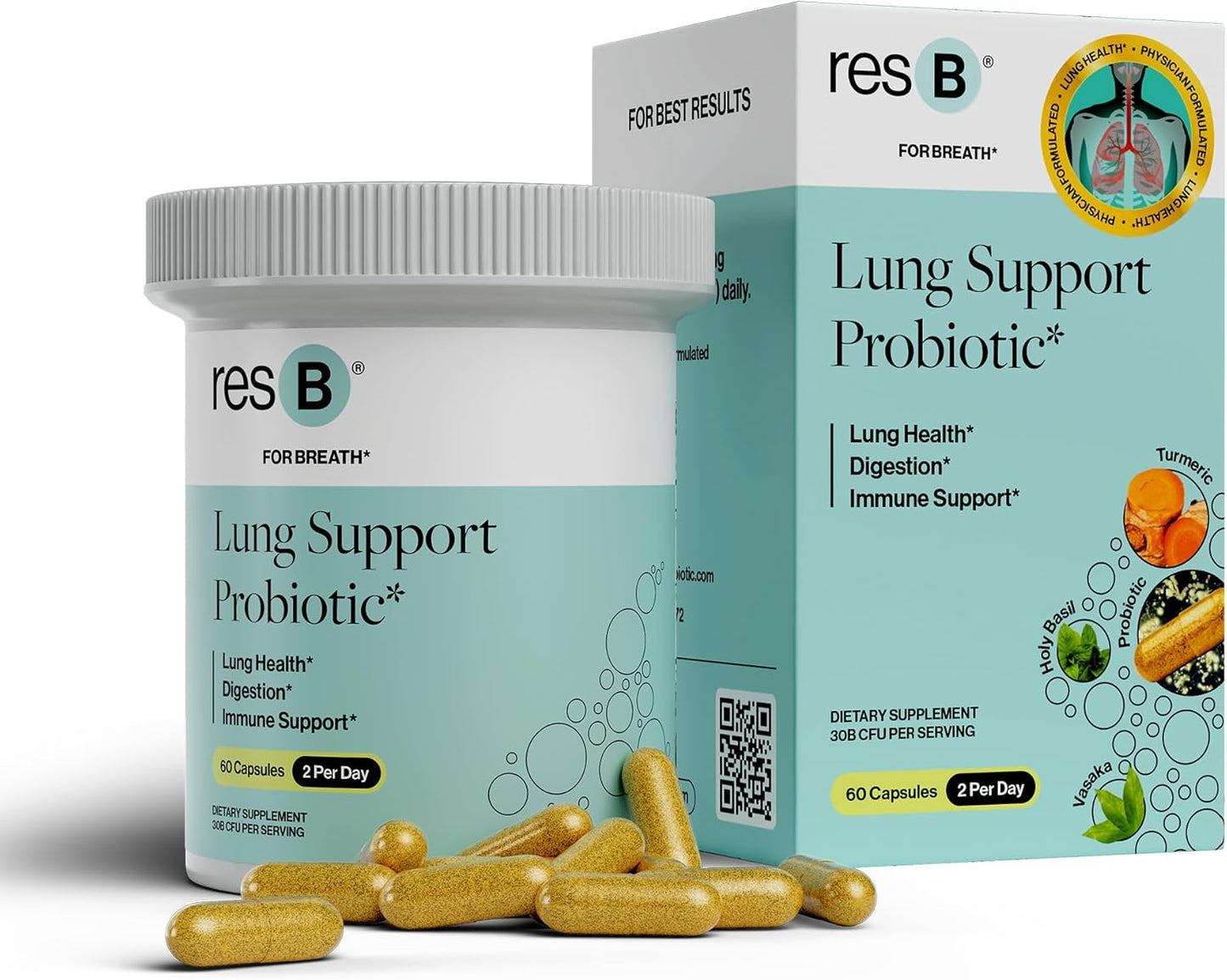 ResBiotic Lung Support Probiotic Supplement with Holy Basil & Turmeric - Promotes Lung Health, Immune & Digestive Support - 60 Capsules