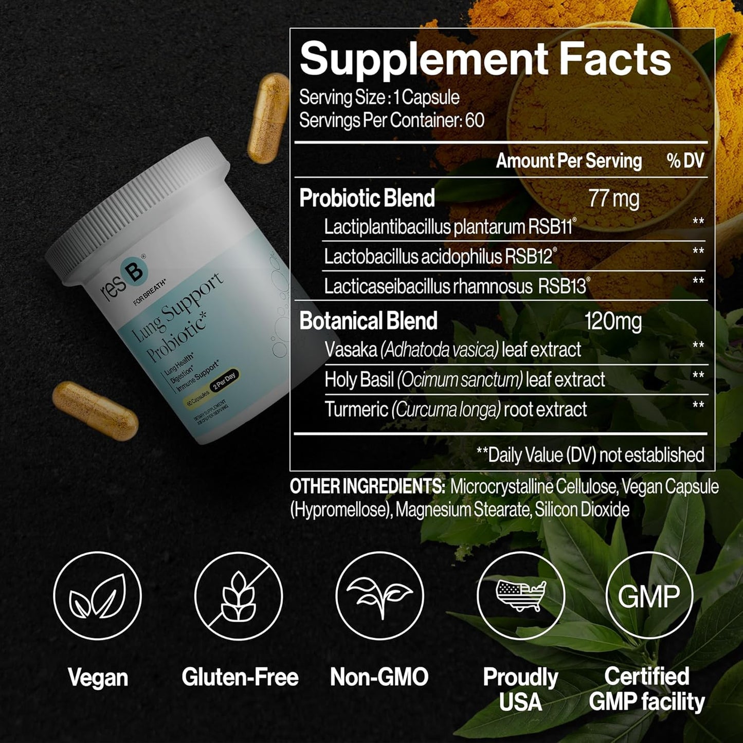 ResBiotic Lung Support Probiotic Supplement with Holy Basil & Turmeric - Promotes Lung Health, Immune & Digestive Support - 60 Capsules