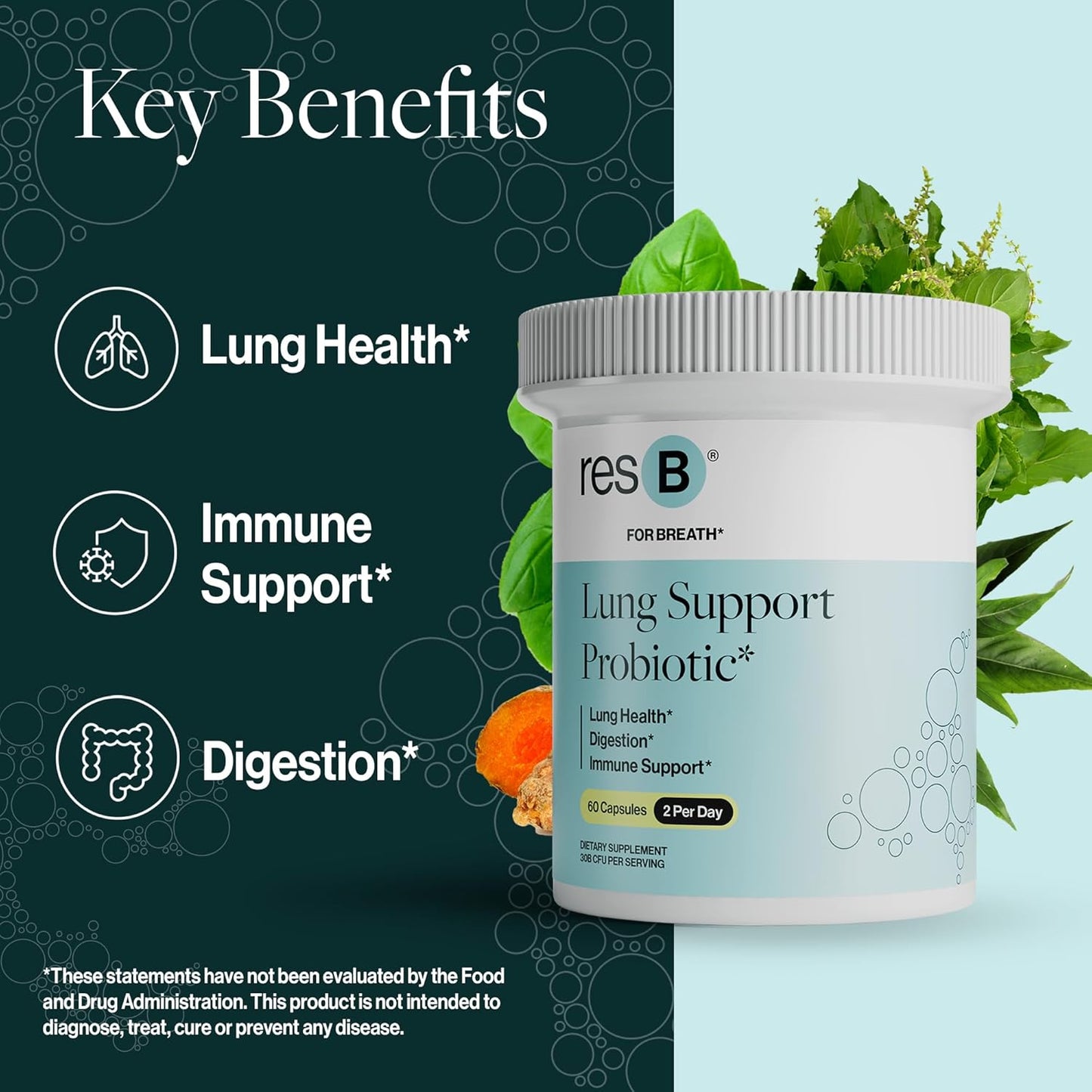 ResBiotic Lung Support Probiotic Supplement with Holy Basil & Turmeric - Promotes Lung Health, Immune & Digestive Support - 60 Capsules