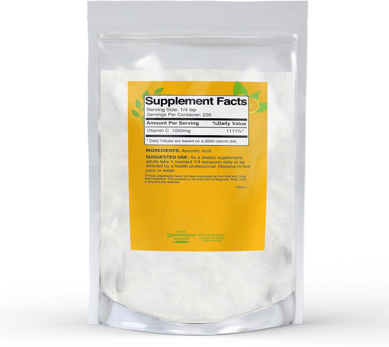 Resealable Bag of Baker Ascorbic Acid Vitamin C Powder for Unpretentious Use