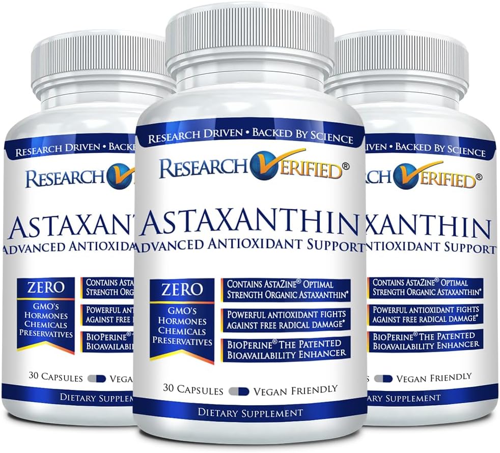 Research Verified Astaxanthin - Antioxidant for Skin, Brain, Eyes, Heart - Zinc, Vitamin E, BioPerine - 3 Month Supply - Non-GMO - Made in USA