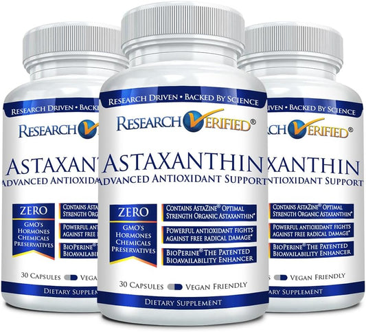 Research Verified Astaxanthin - Antioxidant for Skin, Brain, Eyes, Heart - Zinc, Vitamin E, BioPerine - 3 Month Supply - Non-GMO - Made in USA