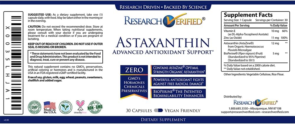 Research Verified Astaxanthin - Antioxidant for Skin, Brain, Eyes, Heart - Zinc, Vitamin E, BioPerine - 3 Month Supply - Non-GMO - Made in USA