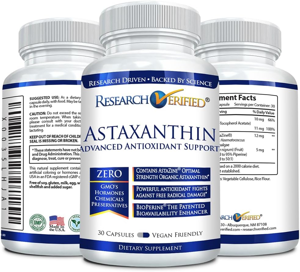 Research Verified Astaxanthin - Antioxidant for Skin, Brain, Eyes, Heart - Zinc, Vitamin E, BioPerine - 3 Month Supply - Non-GMO - Made in USA