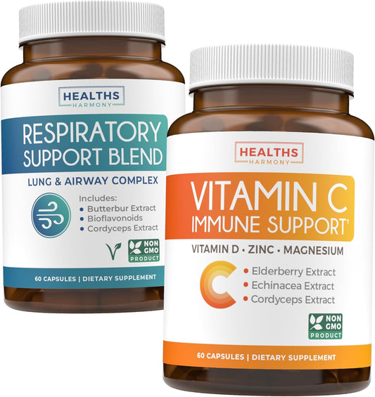 Respiratory Support & Immunity Boost Bundle - Deep Lung Cleanse and Vitamin C Supplement for Airway and Immune Health (1-Month Supply, 60 Capsules each)