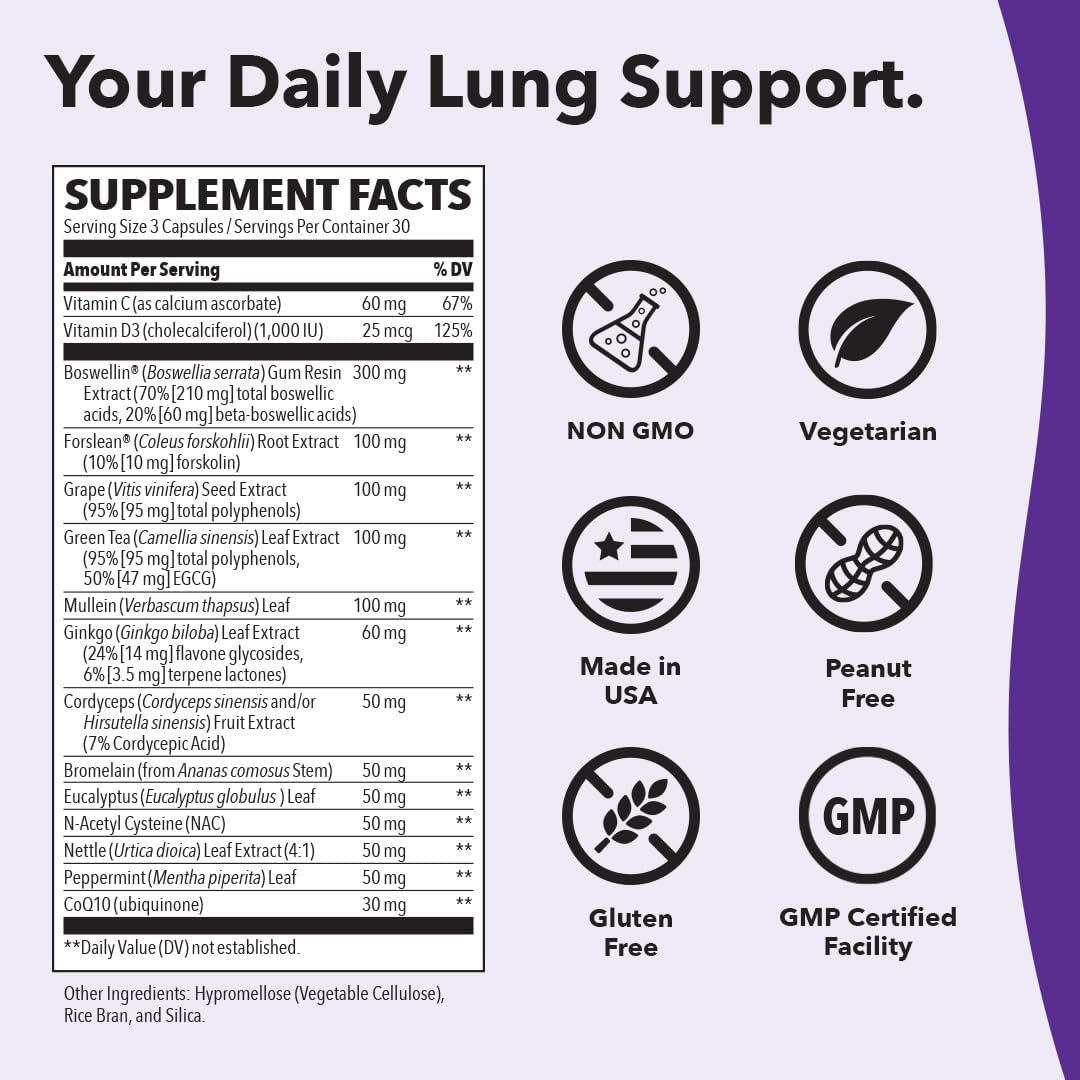 Respiratory Support Supplement with CoQ10 & Herbs - Boost Oxygen Capacity & Reduce Mucus - 90 Capsules