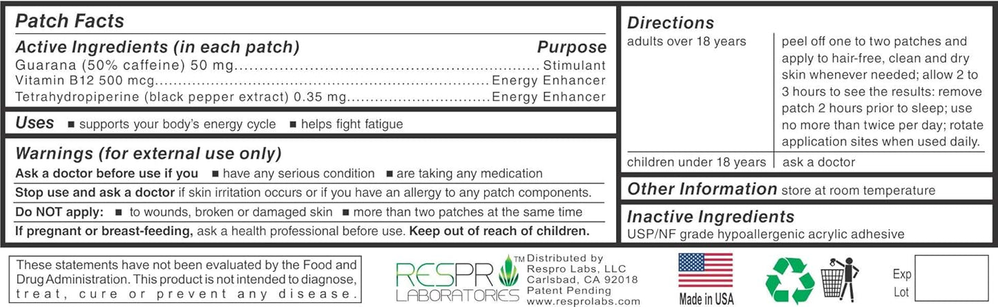 Respro Labs Energy Patch with B12, Guarana, and Black Pepper - 24 Patches for Continuous Release