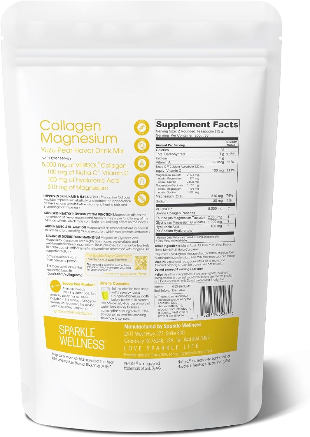 Rest + Restore Collagen Magnesium Supplement for Nightly Beauty Routine - Yuzu Pear Flavor | VERISOL Collagen Peptides, Magnesium Glycinate, Taurate Salts | 30 Servings