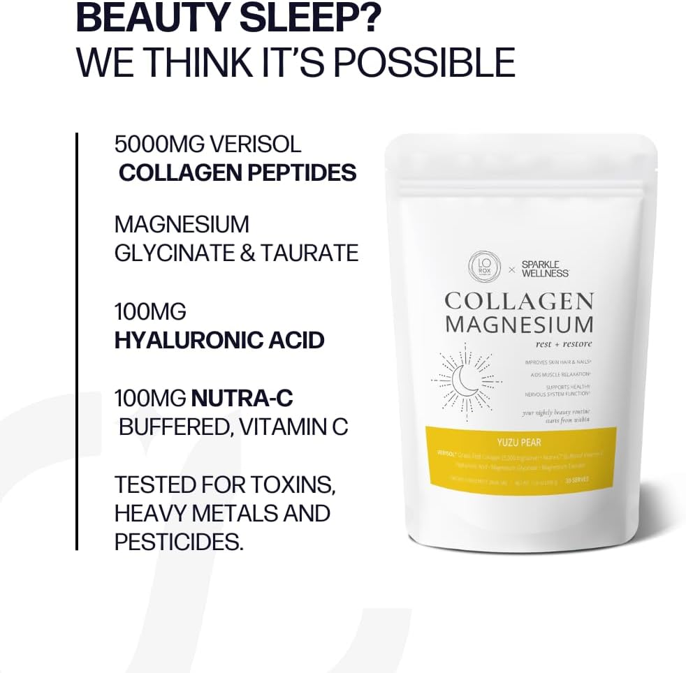 Rest + Restore Collagen Magnesium Supplement for Nightly Beauty Routine - Yuzu Pear Flavor | VERISOL Collagen Peptides, Magnesium Glycinate, Taurate Salts | 30 Servings