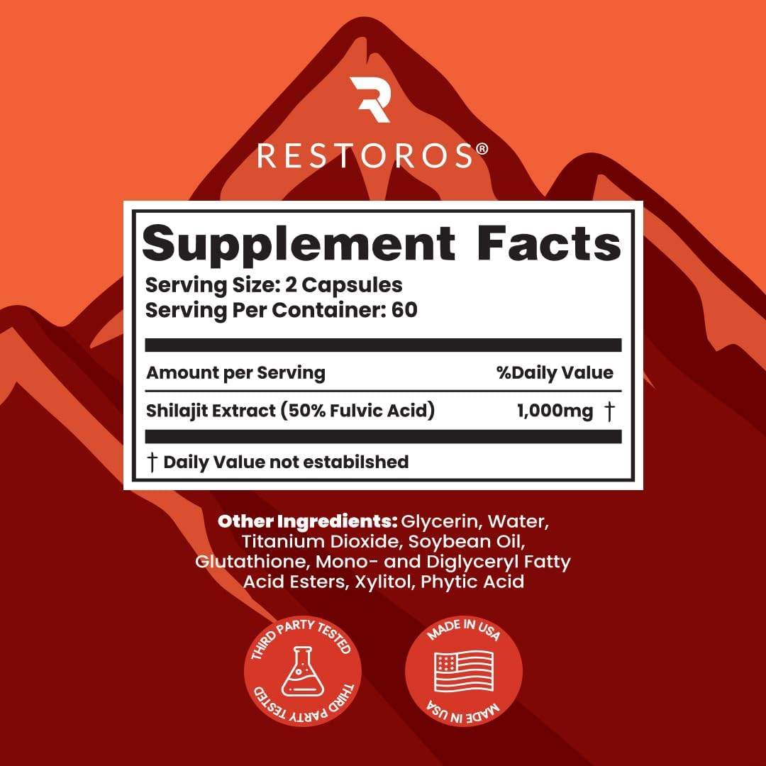 Restoros 1000mg Shilajit Pure Resin Softgels - Himalayan Supplement, Made in USA, GMP-Certified - No Bad Taste, Purer Than Powdered Capsules