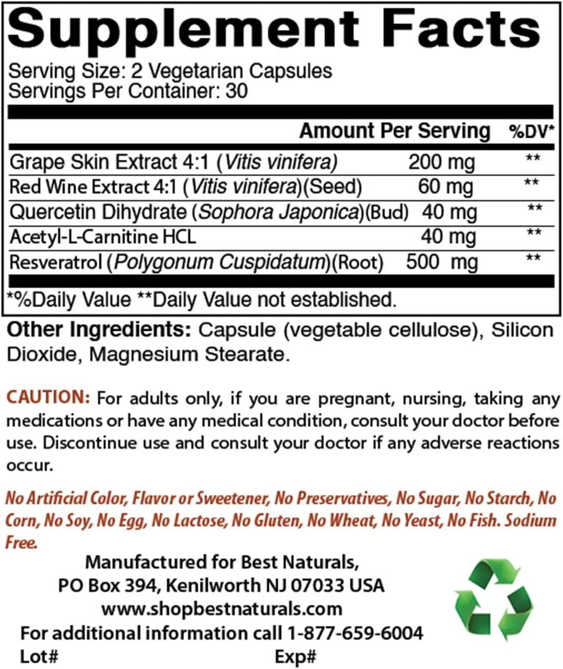 Resveratrol Complex 500mg - 2 Pack 60 Veg Capsules Each - Grape Skin & Red Wine - Gluten Free & Non GMO - Total 120 Capsules