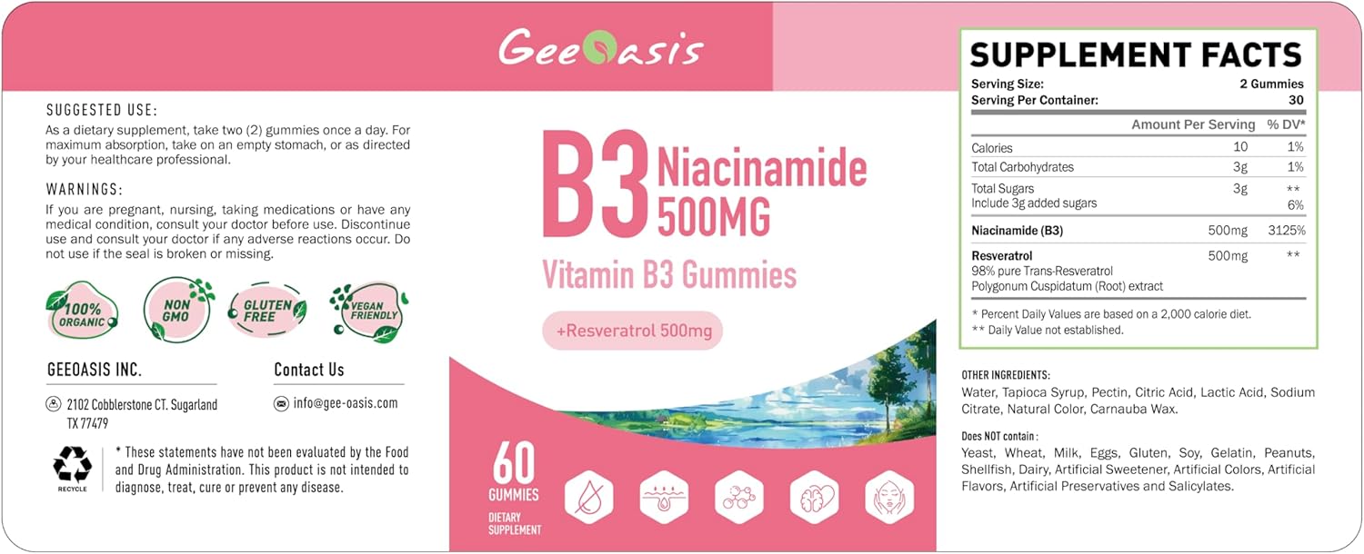 Resveratrol Niacinamide Gummies 500mg with Vegan Apple Flavor - 60 Chewable B3 Supplement Count