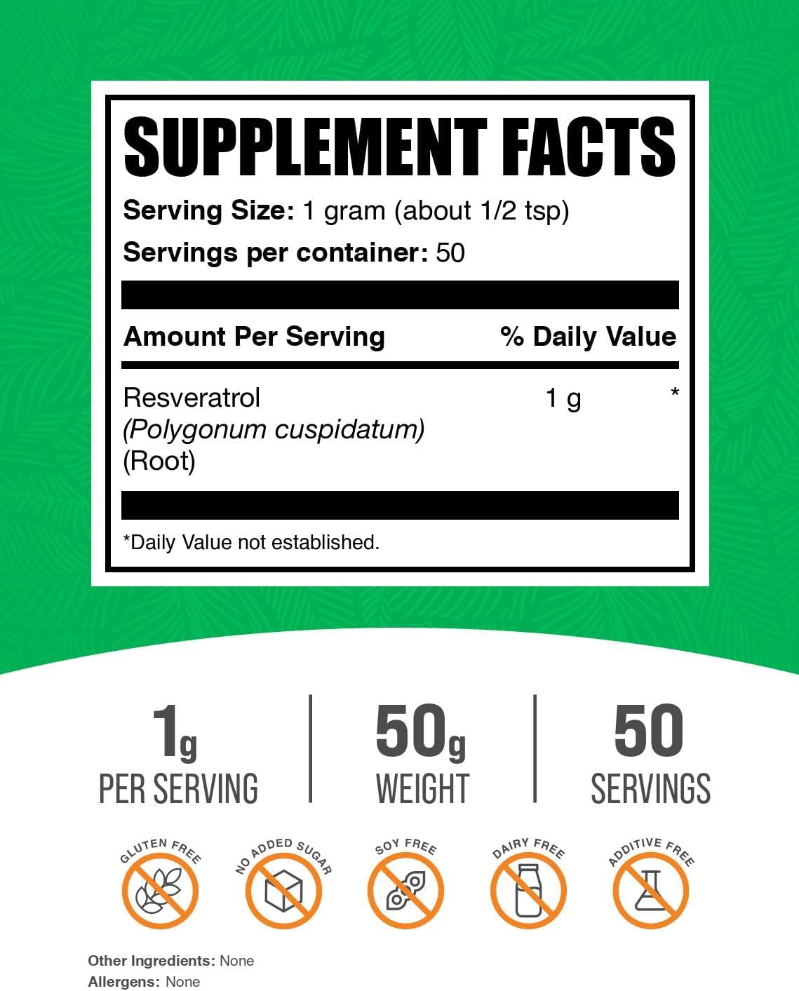 Resveratrol Powder Supplement - Pure Polygonum Cuspidatum Extract, 1000mg Antioxidant Formula - Gluten Free, 50g (1.8 oz) - Pack of 1