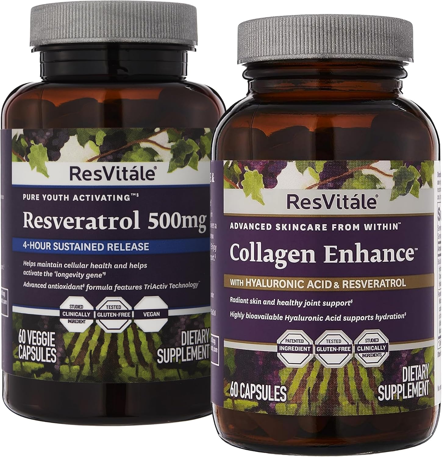 ResVitale Collagen Enhance Beauty Supplement with Hyaluronic Acid and Resveratrol - 60 Capsules + ResVitale Resveratrol 500mg Supplement for Men and Women - 60 Veggie Capsules