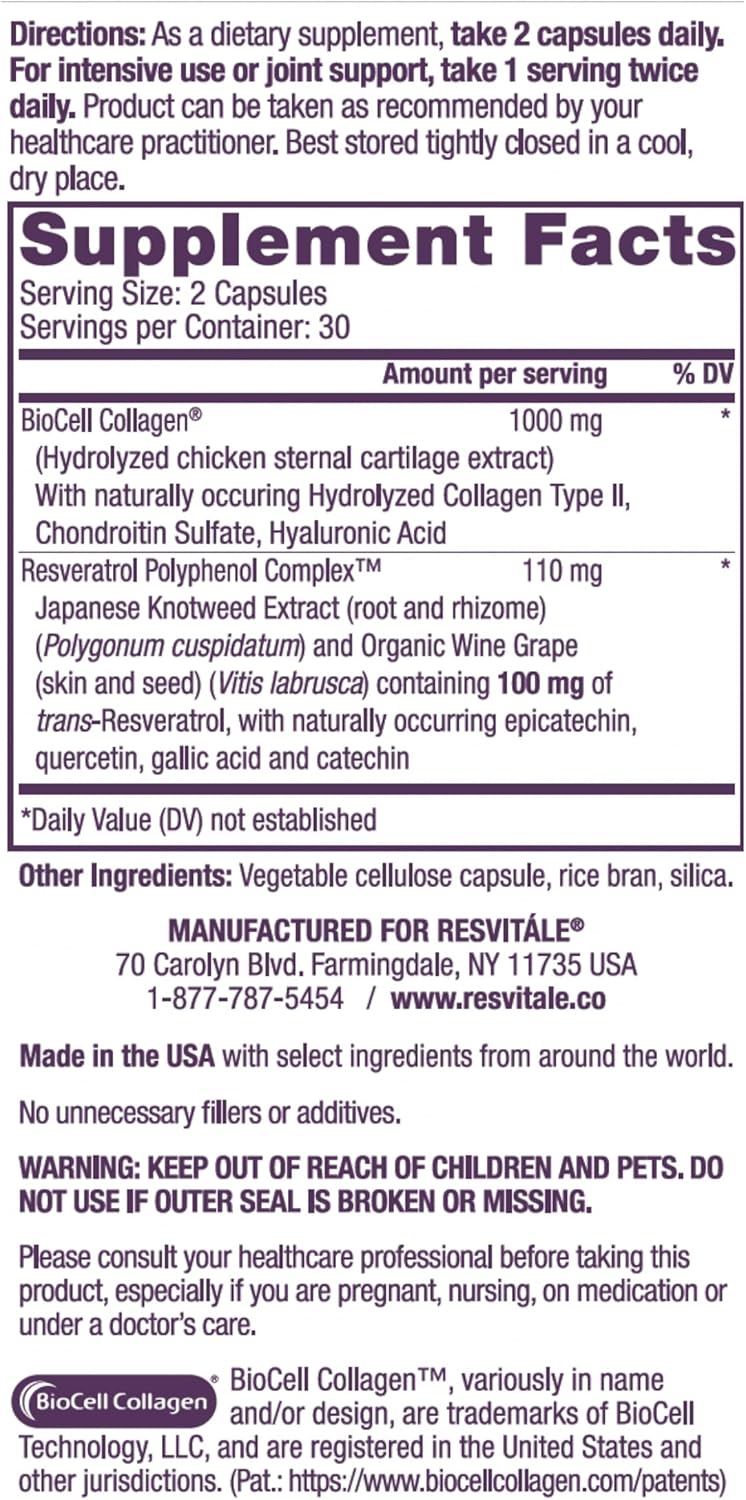ResVitale Collagen Enhance Beauty Supplement with Hyaluronic Acid and Resveratrol - 60 Capsules + ResVitale Resveratrol 500mg Supplement for Men and Women - 60 Veggie Capsules