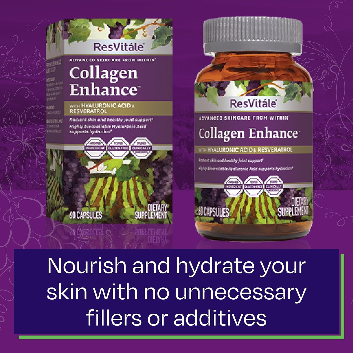 ResVitale Collagen Enhance Beauty Supplement with Hyaluronic Acid and Resveratrol - 60 Capsules + ResVitale Resveratrol 500mg Supplement for Men and Women - 60 Veggie Capsules