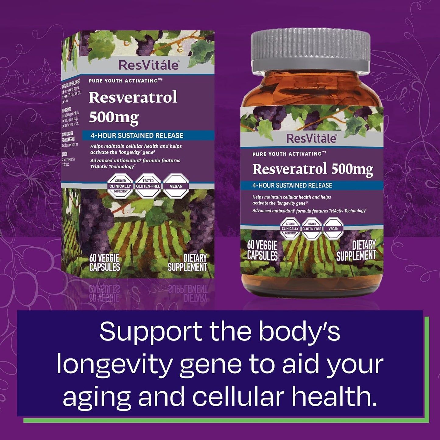 ResVitale Collagen Enhance Beauty Supplement with Hyaluronic Acid and Resveratrol - 60 Capsules + ResVitale Resveratrol 500mg Supplement for Men and Women - 60 Veggie Capsules