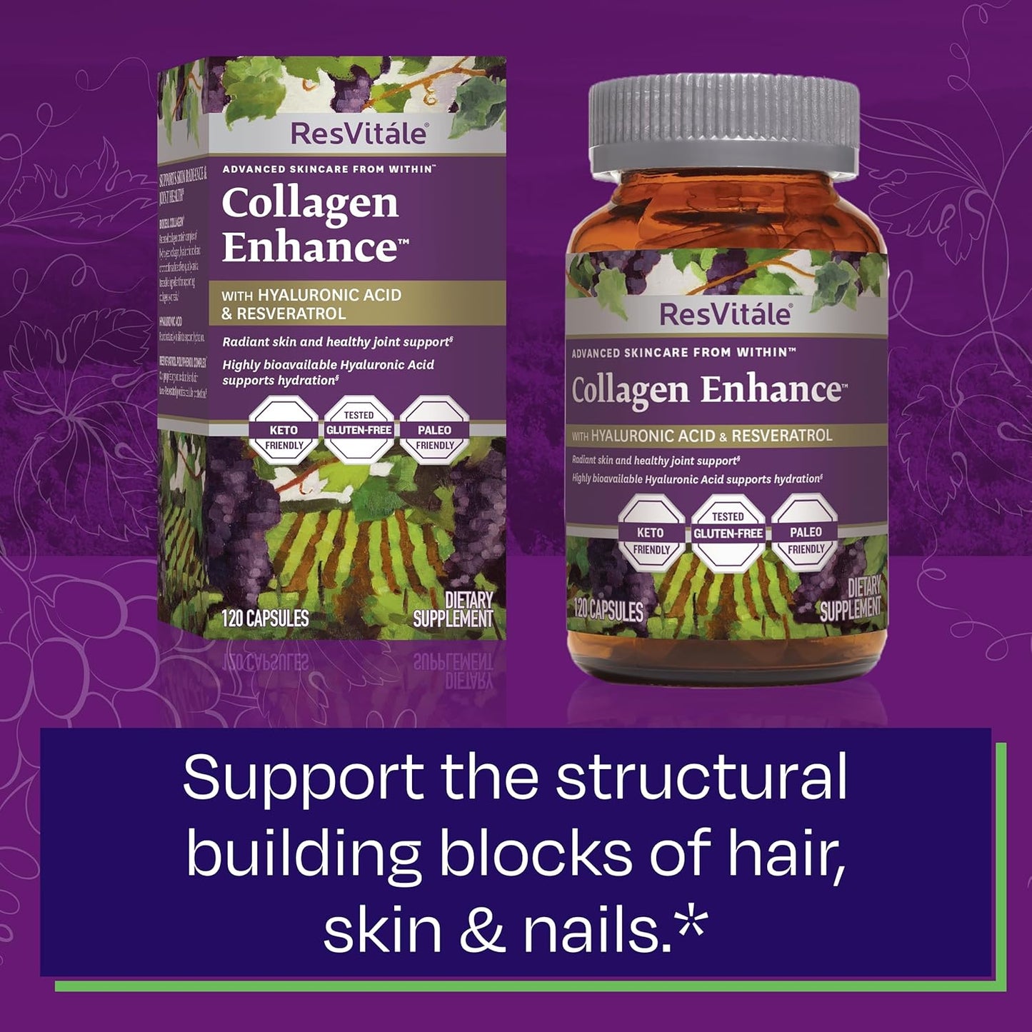 ResVitale Collagen Enhance Capsules with Hyaluronic Acid & Resveratrol - 120 Count Beauty Supplement - BoostGo Australia