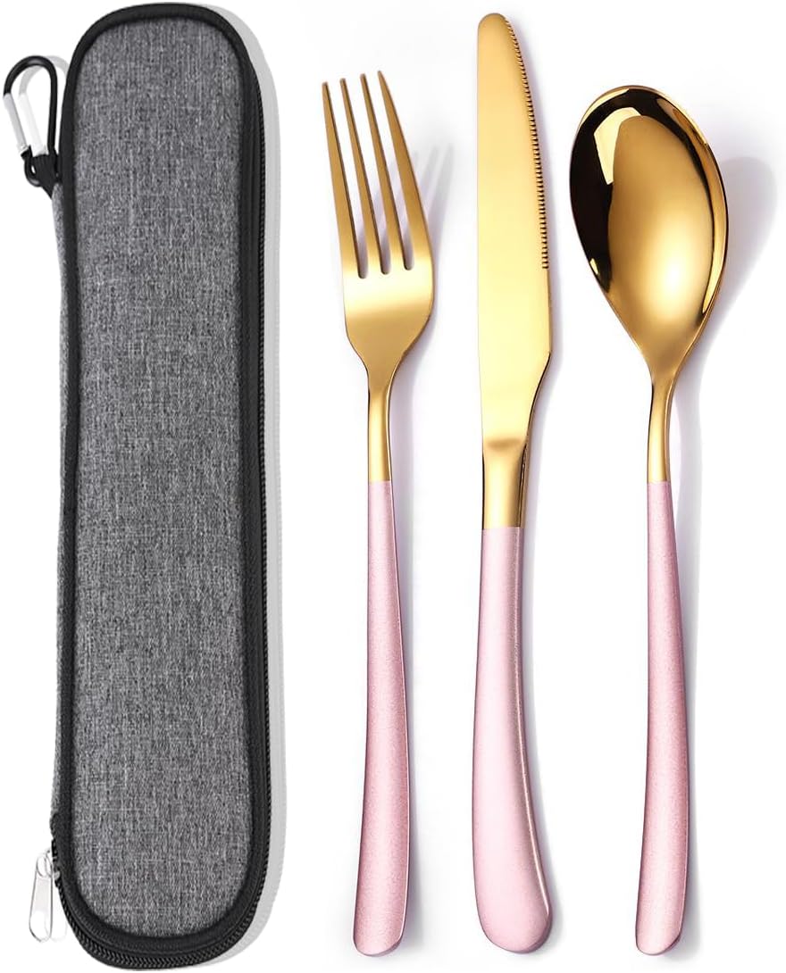 Reusable Stainless Steel Cutlery Set for Work with Case - Knife Fork Spoon Set 3 Piece (Pink Gold) by MURRI&MURRDI