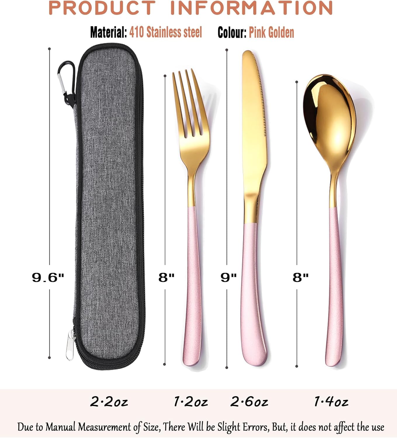 Reusable Stainless Steel Cutlery Set for Work with Case - Knife Fork Spoon Set 3 Piece (Pink Gold) by MURRI&MURRDI