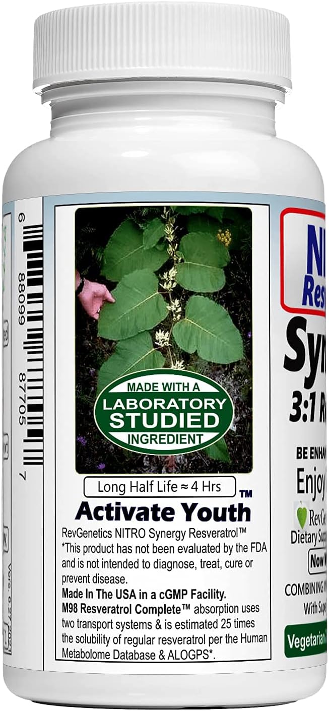REVGENETICS Nitro Synergy Resveratrol (Nitro250) with Up to 25x Solubility - 60 Vegetarian Capsules - 30 Servings - 500 mg per serving