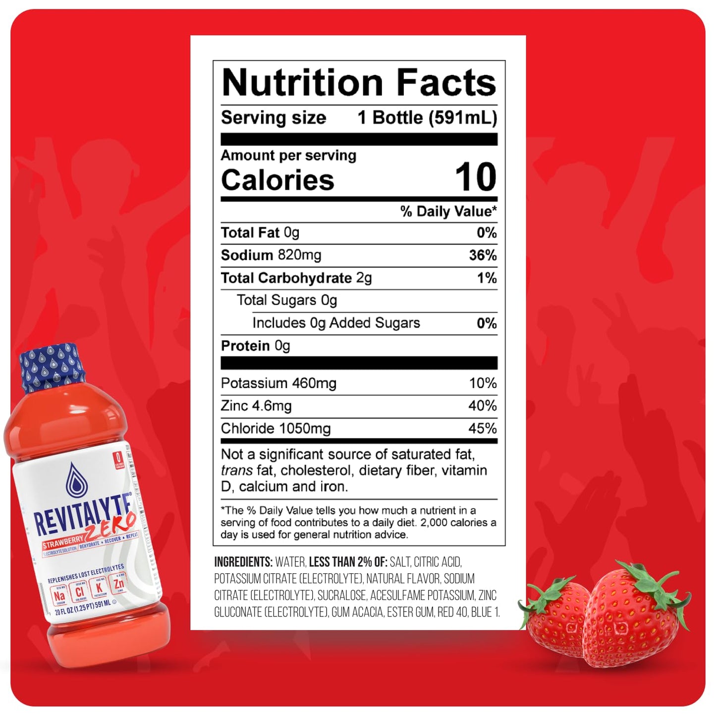 Revitalyte Strawberry Zero Sugar Electrolyte Drink - 12 Pack 20 oz Bottle - Rapid Hydration & Recovery Drink