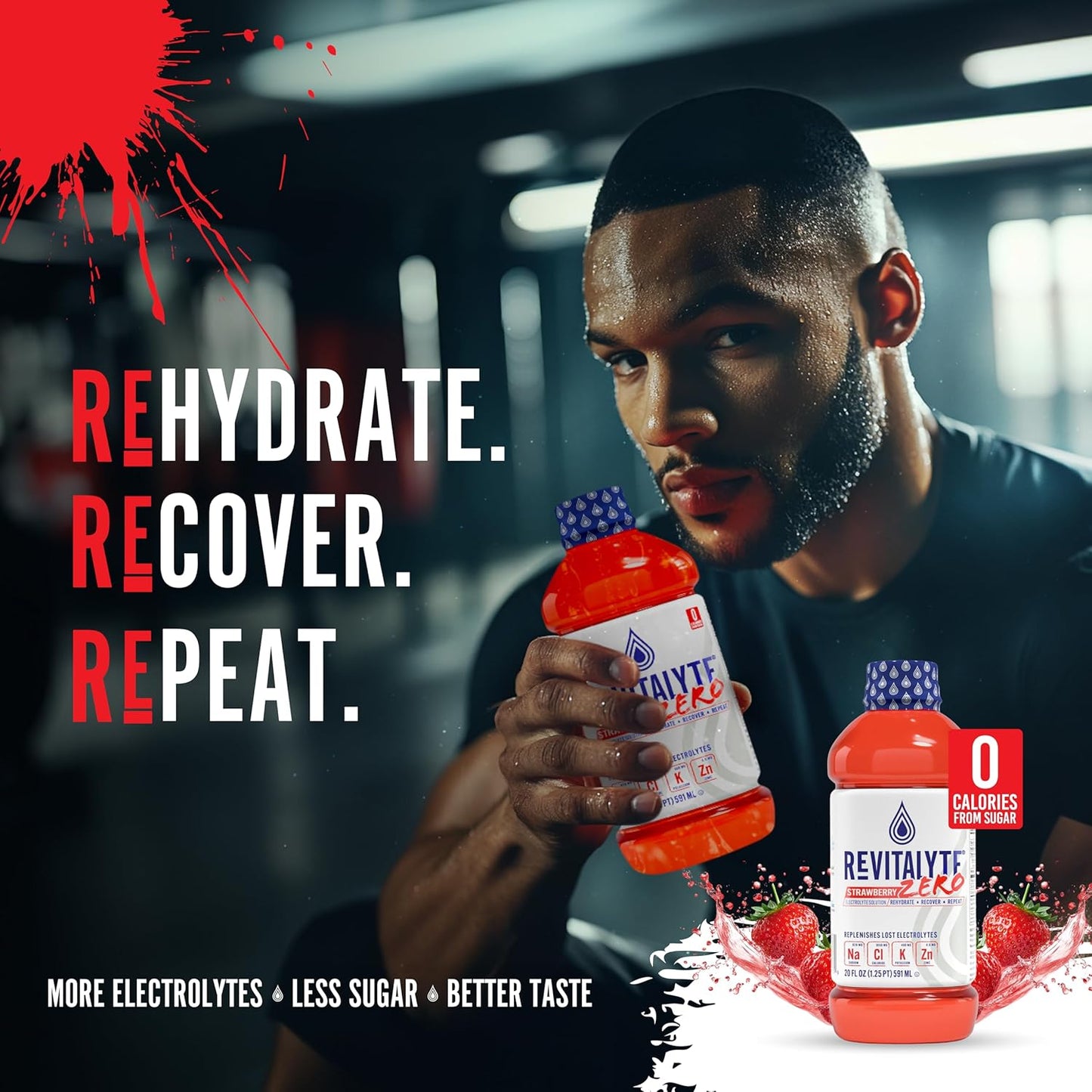 Revitalyte Strawberry Zero Sugar Electrolyte Drink - 12 Pack 20 oz Bottle - Rapid Hydration & Recovery Drink