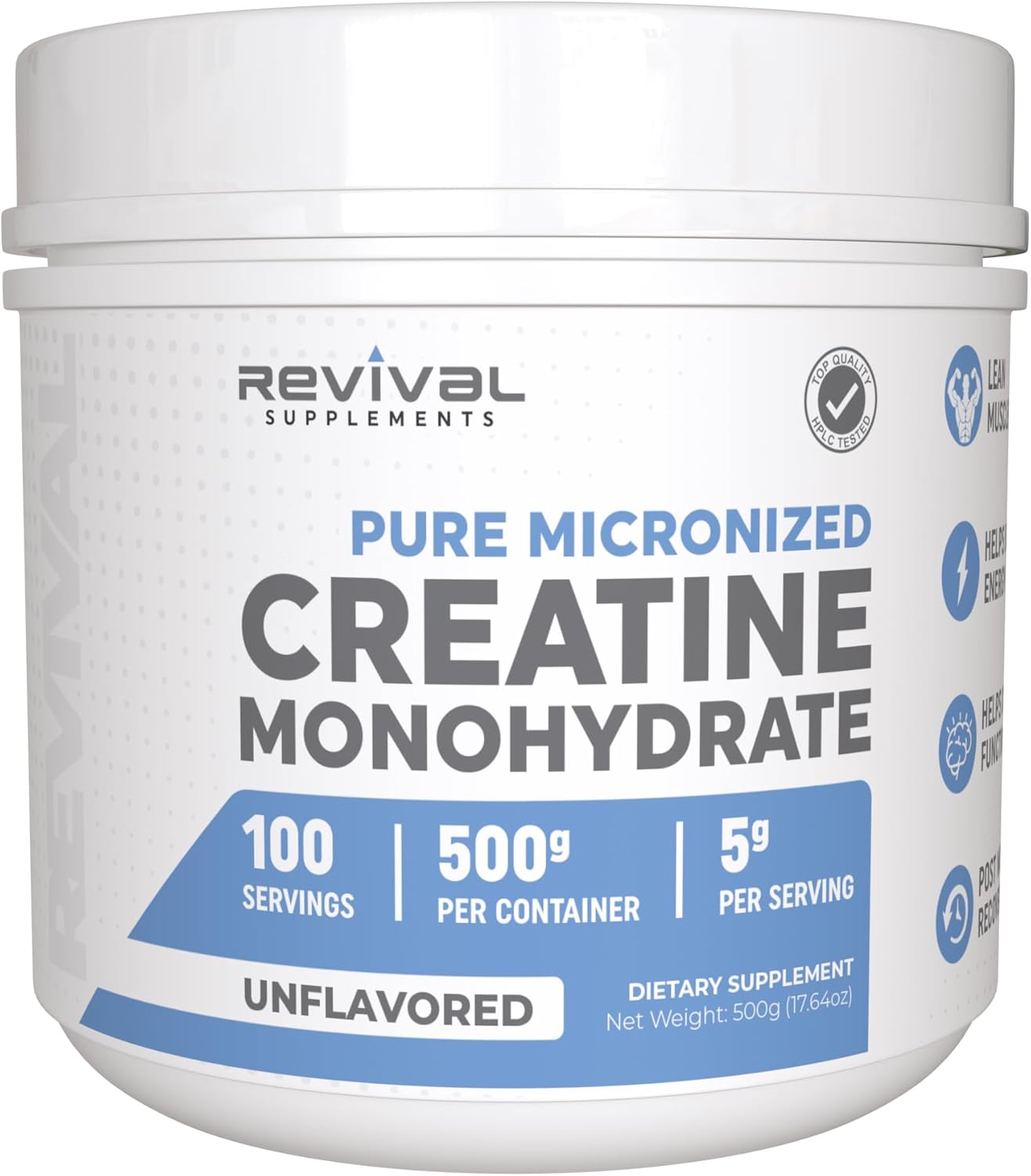 Revival Premium Micronized Creatine Monohydrate 500g - 100 Servings, 100% Pure Grade - Supports Lean Muscle Growth - USA Made & Lab Tested