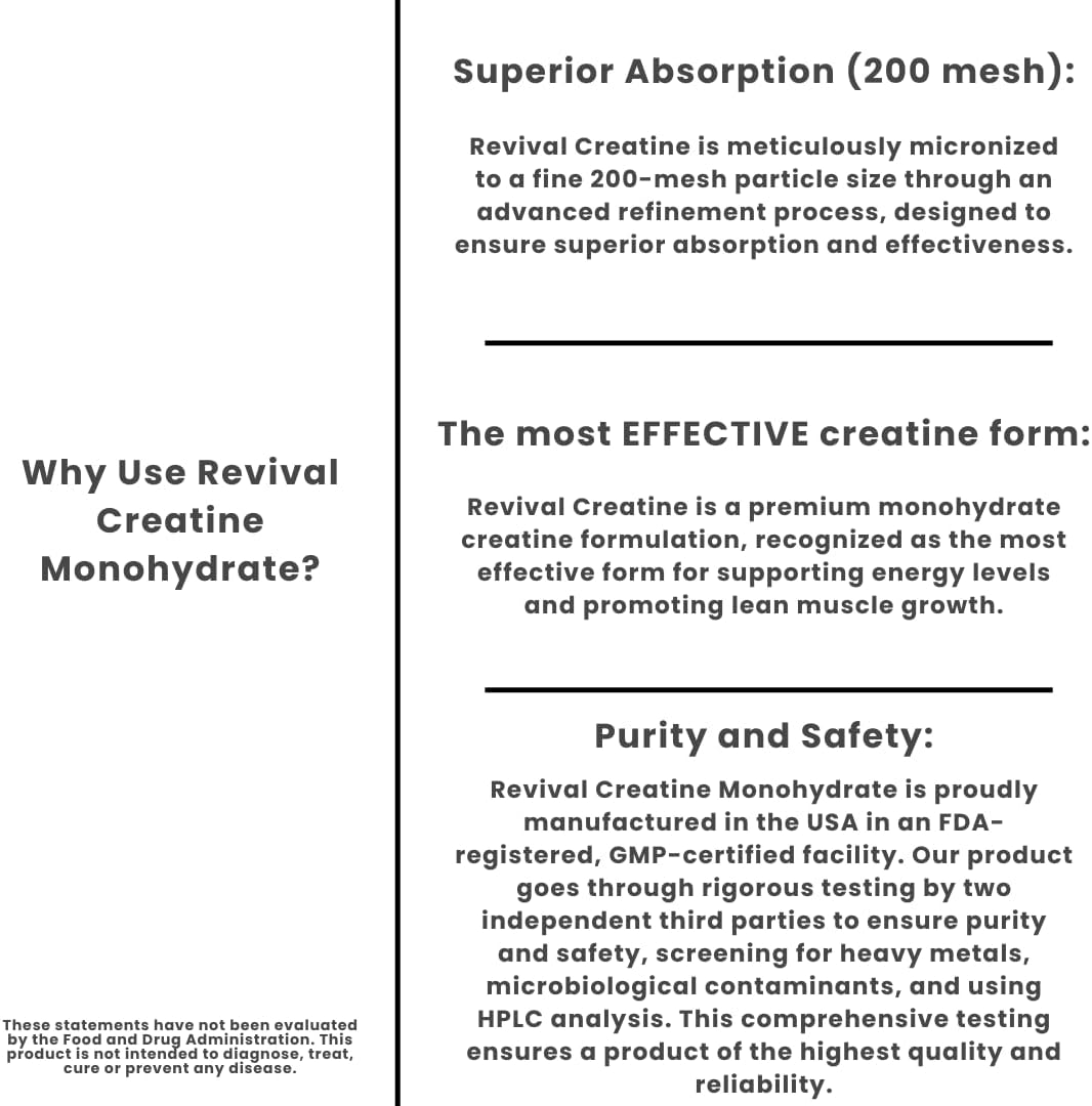 Revival Premium Micronized Creatine Monohydrate 500g - 100 Servings, 100% Pure Grade - Supports Lean Muscle Growth - USA Made & Lab Tested