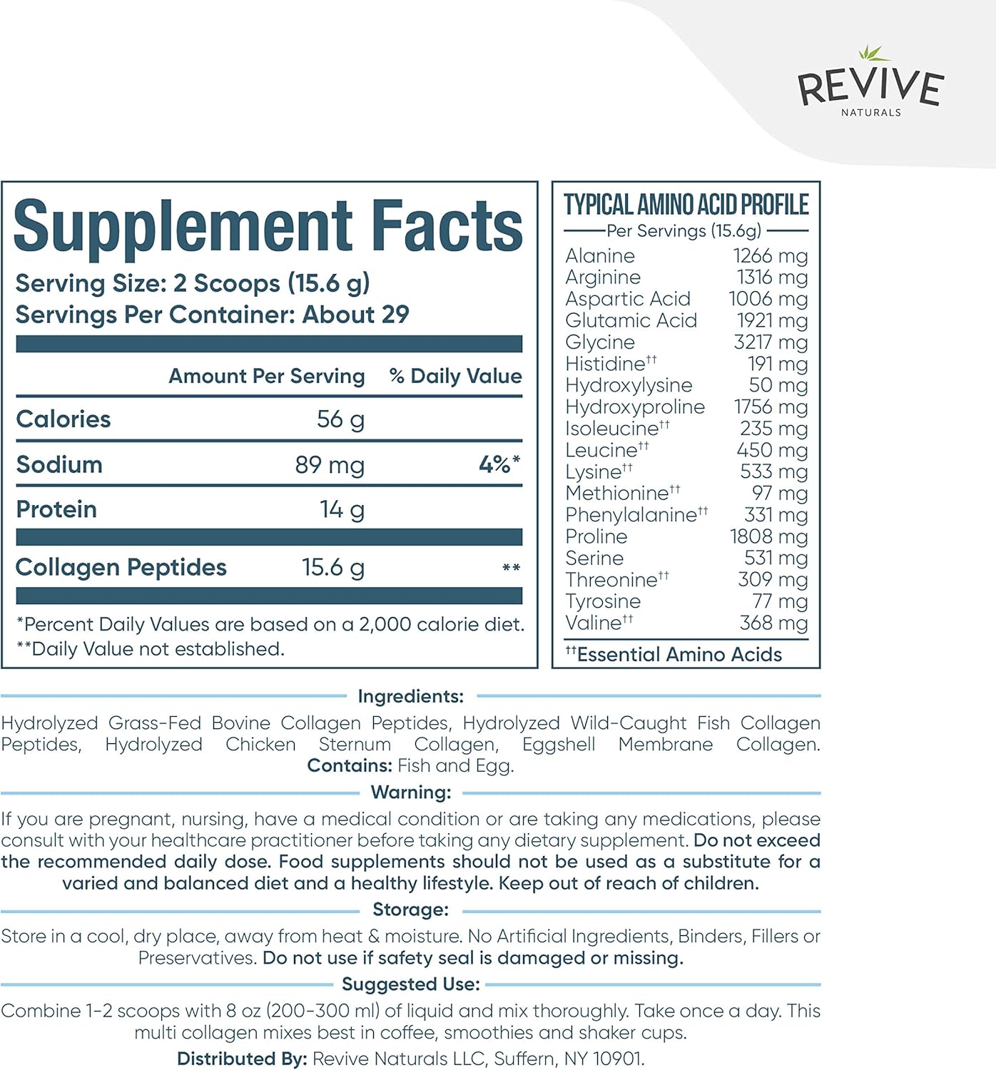 Revive Naturals Multi Collagen Protein Powder - 16oz, Types I, II, III, V & X - Grass Fed Bovine, Wild Caught Marine, Free Roaming Chicken & Eggshell Peptides