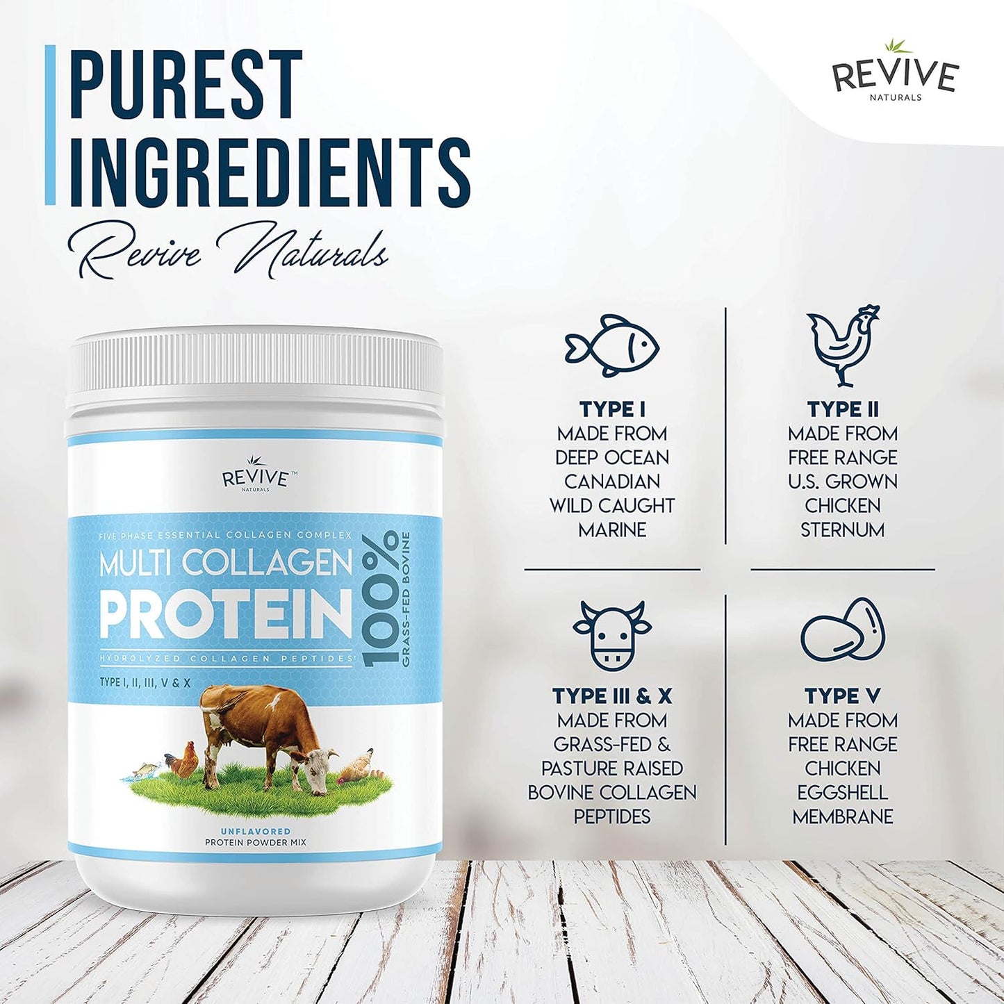 Revive Naturals Multi Collagen Protein Powder - 16oz, Types I, II, III, V & X - Grass Fed Bovine, Wild Caught Marine, Free Roaming Chicken & Eggshell Peptides