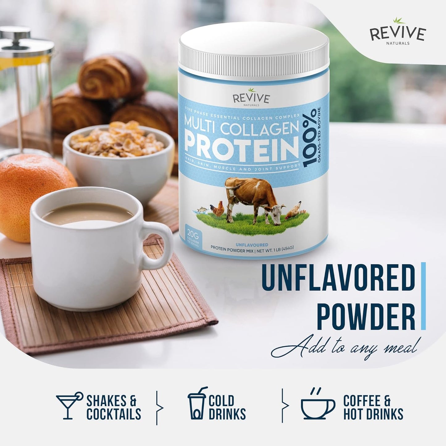 Revive Naturals Multi Collagen Protein Powder - 16oz, Types I, II, III, V & X - Grass Fed Bovine, Wild Caught Marine, Free Roaming Chicken & Eggshell Peptides