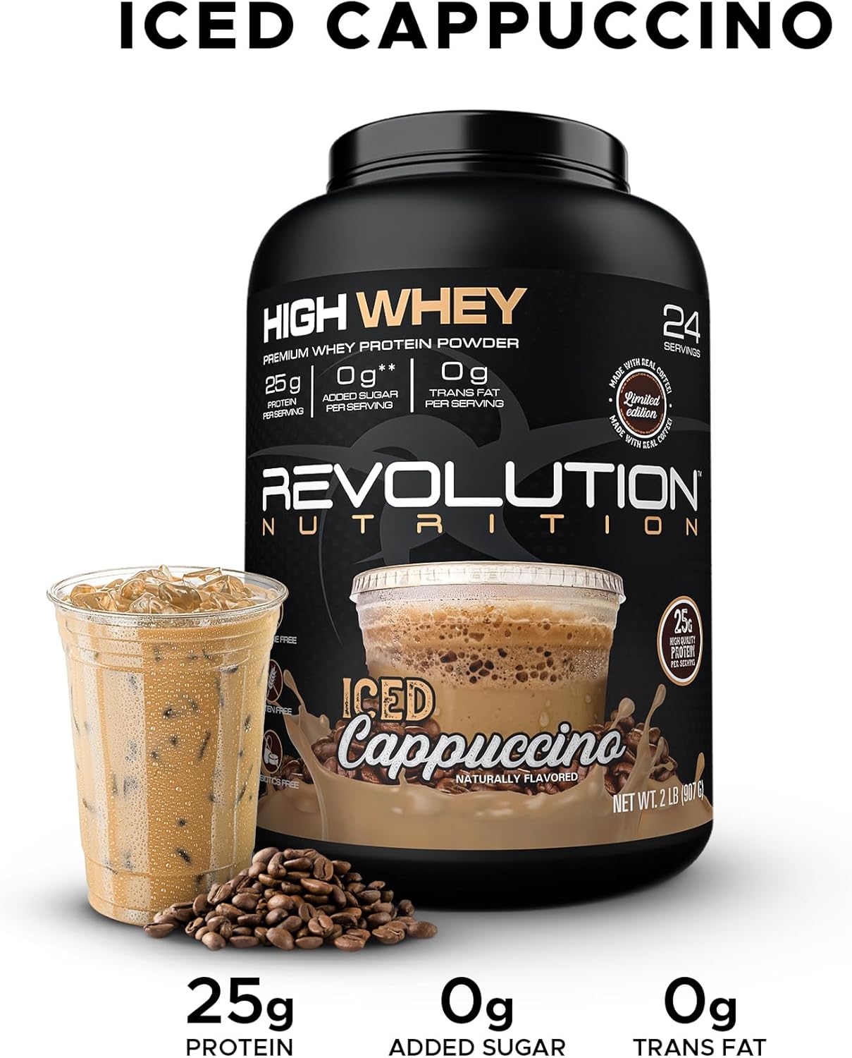Revolution Nutrition High Whey Isolate Protein Powder - Gluten Free, Lean Muscle Mass Builder for Men & Women - 25g of Protein Per Scoop - 908g (Iced Cappuccino, 24 Servings)