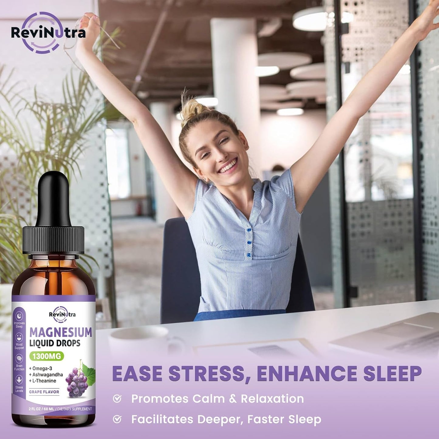 Revolutionary 2 Pack Magnesium Liquid Drops with Potassium, Omega3, L-Theanine & Ashwagandha, Sleep Aid & Heart Health, Grape Flavor