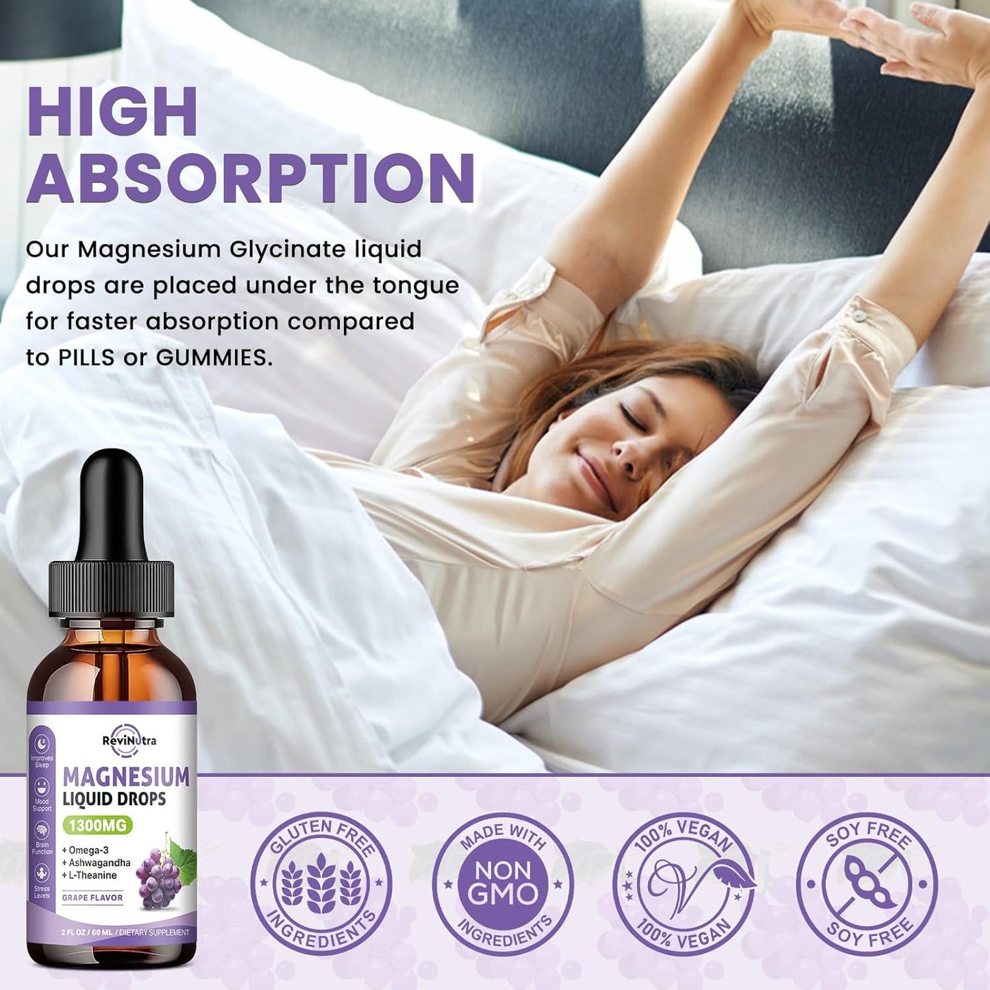 Revolutionary 2 Pack Magnesium Liquid Drops with Potassium, Omega3, L-Theanine & Ashwagandha, Sleep Aid & Heart Health, Grape Flavor