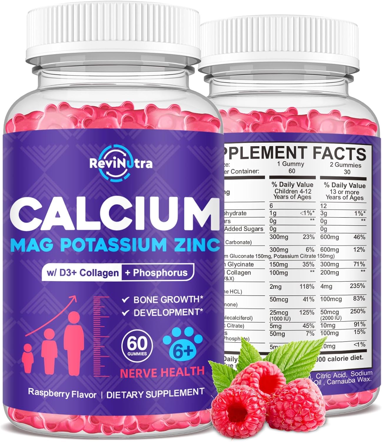 Revolutionary Calcium Potassium Magnesium Gummies with Collagen for Kids & Adults - Sleep & Bone Support, Raspberry Flavor, 60 Gummies