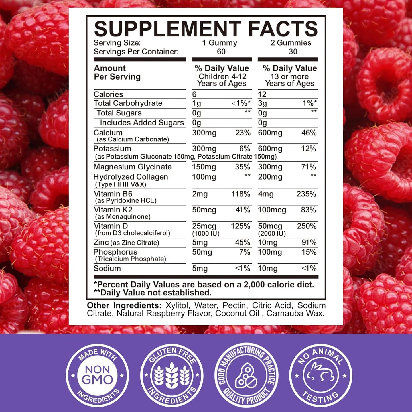 Revolutionary Calcium Potassium Magnesium Gummies with Collagen for Kids & Adults - Sleep & Bone Support, Raspberry Flavor, 60 Gummies