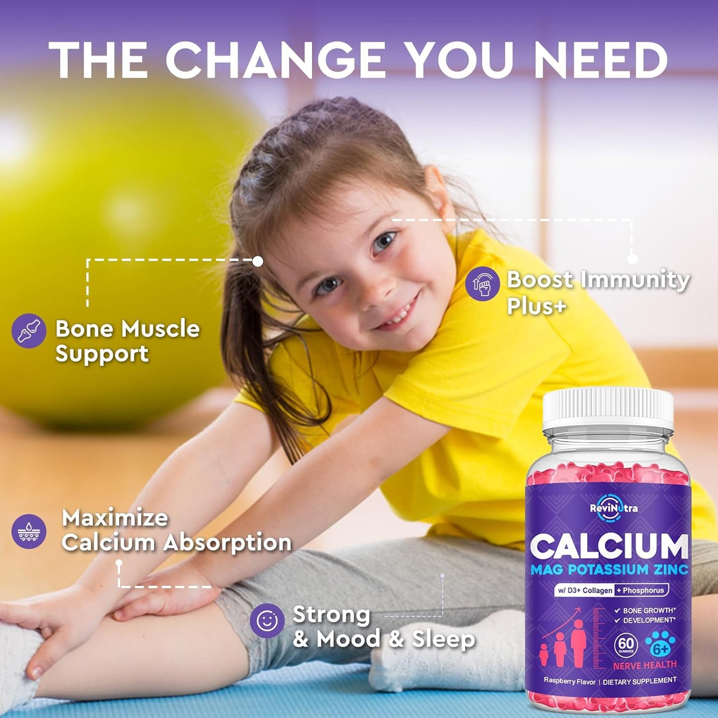 Revolutionary Calcium Potassium Magnesium Gummies with Collagen for Kids & Adults - Sleep & Bone Support, Raspberry Flavor, 60 Gummies