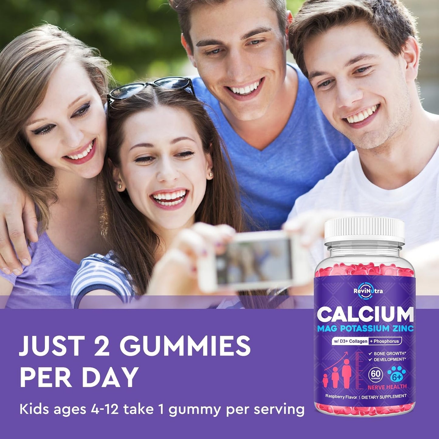 Revolutionary Calcium Potassium Magnesium Gummies with Collagen for Kids & Adults - Sleep & Bone Support, Raspberry Flavor, 60 Gummies