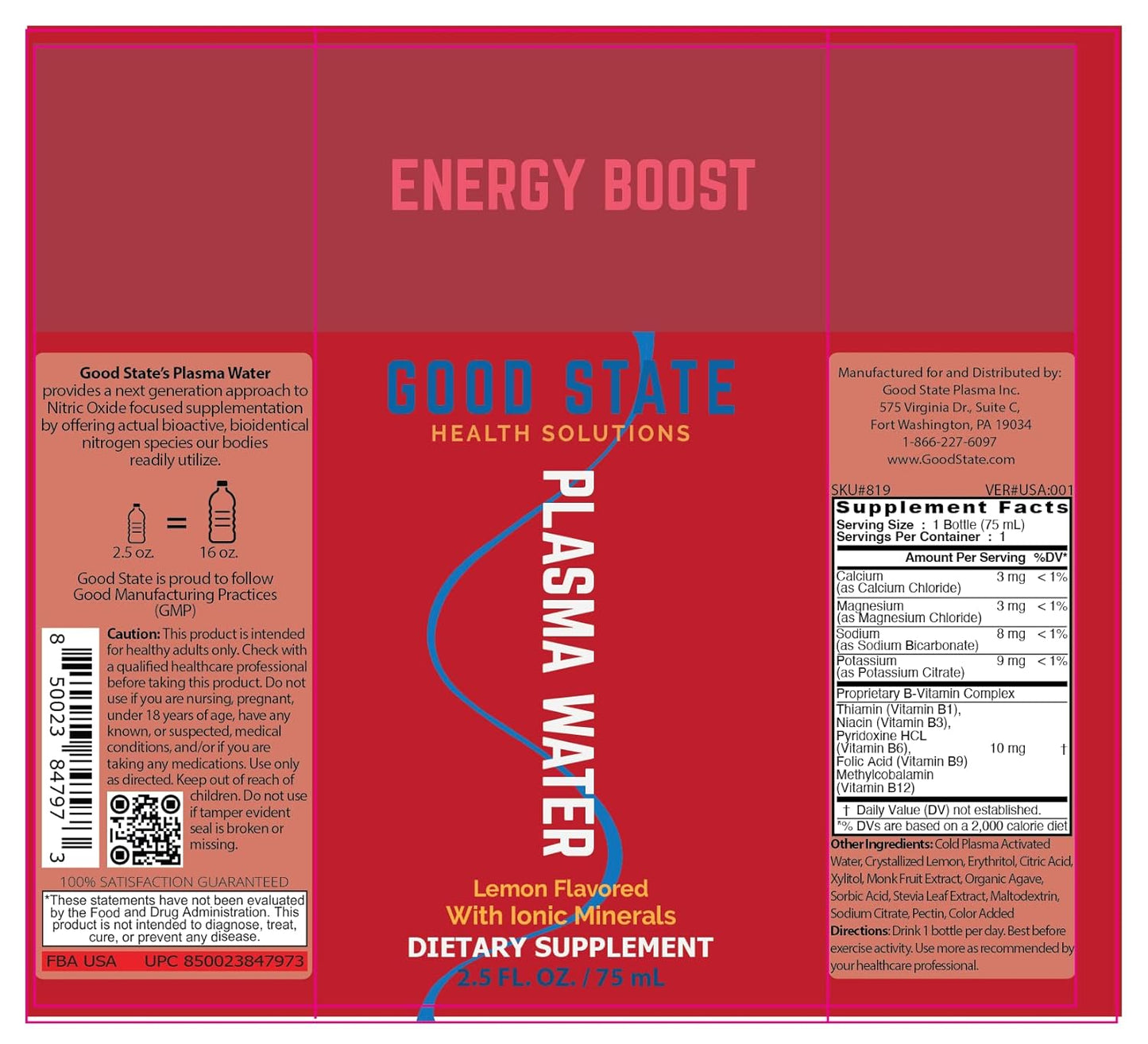 Revolutionary Ionic Plasma Water Shot for Energy and Endurance - Nitric Oxide Infused with Cold-Plasma Technology - Caffeine-Free Dietary Supplement - Lemon Flavor - 2.5 oz