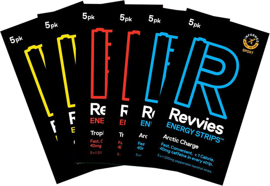 Revvies Energy Strips - 30 Strips for Instant Boost, 40mg Caffeine, Vegan, Sugar-Free - Ideal for Pro Athletes - Pack of 6 x 5PK