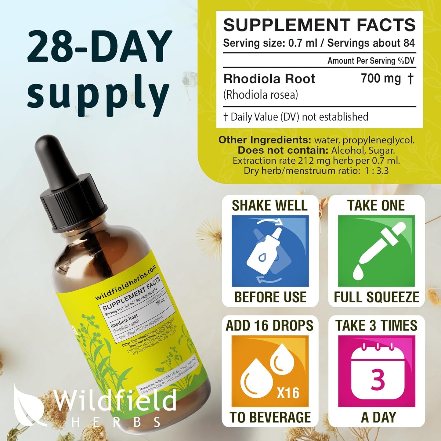 Rhodiola Rosea Root Tincture Extract Drops 2100mg - Herbal Supplement, Alcohol-Free, 1 Month Supply - 2 Oz