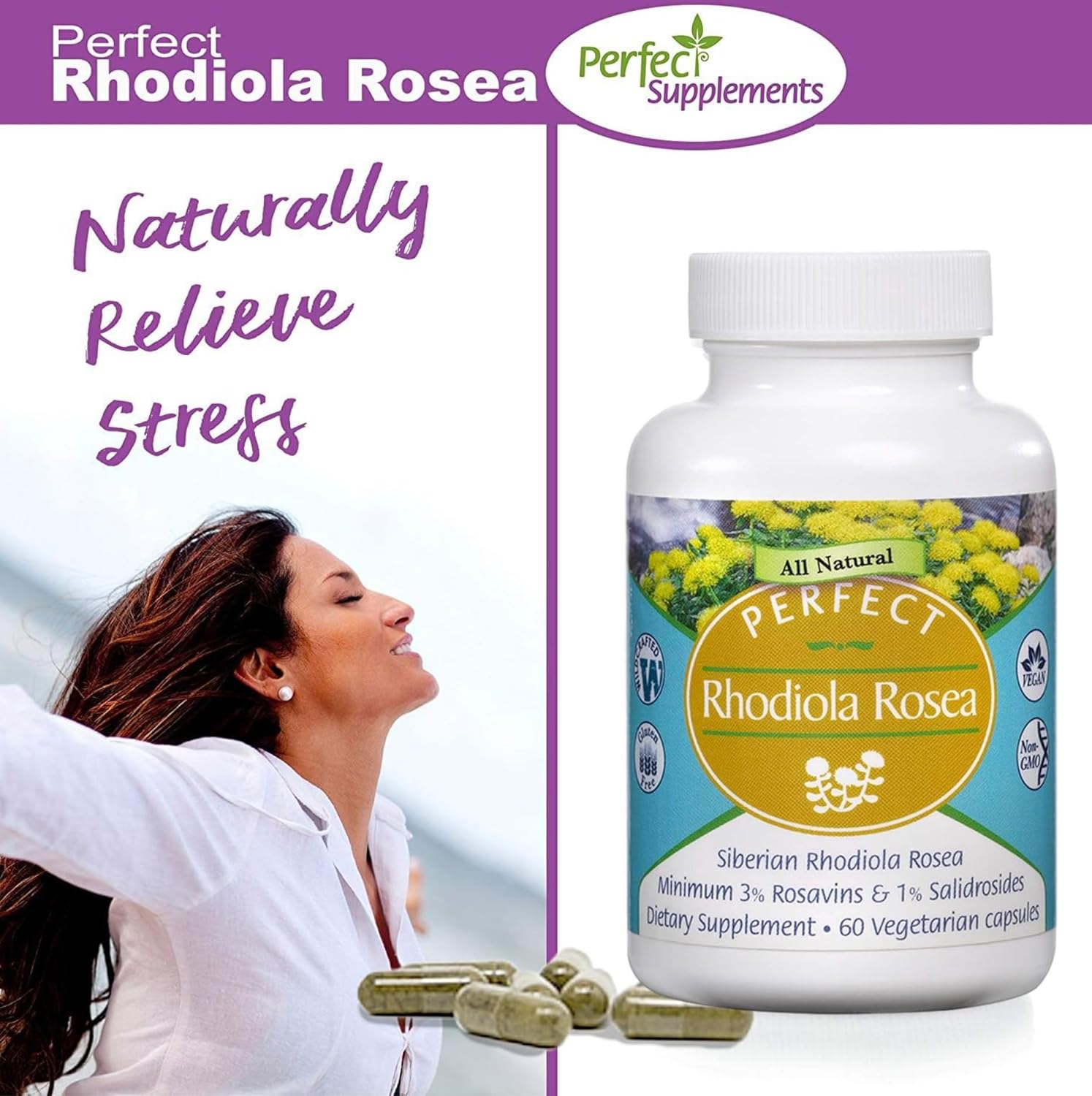 Rhodiola Rosea Supplement for Energy, Focus, and Stress Relief - 3% Rosavins to 1% Salidroside Ratio - Natural Adaptogen - 60 Capsules