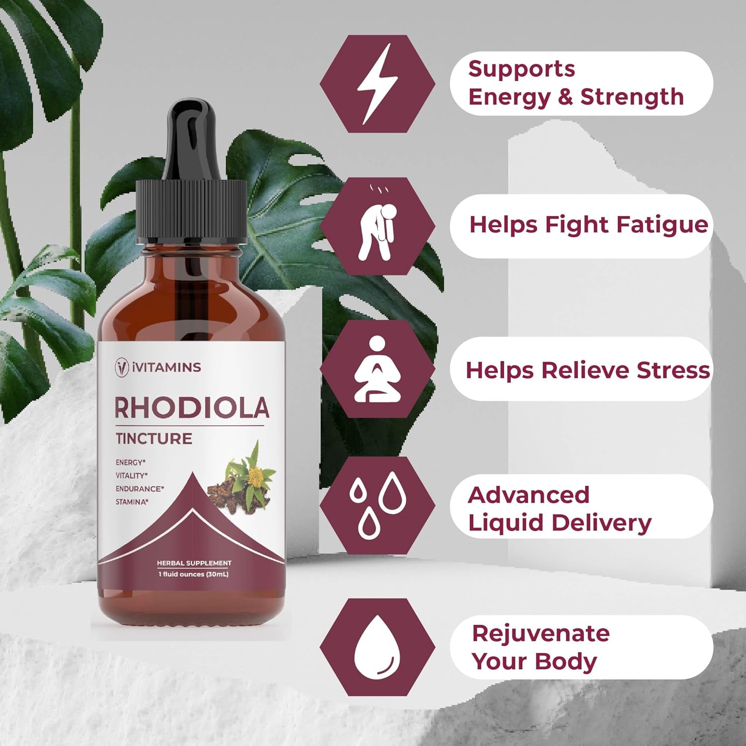 Rhodiola Rosea Tincture for Energy, Stamina & Cognitive Support - 1 fl oz | Rhodiola Extract Supplement