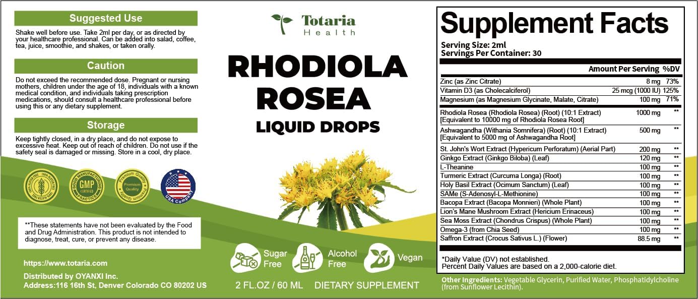 Rhodiola Rosea Tincture with L-Theanine and Saffron - 60ml Bottle