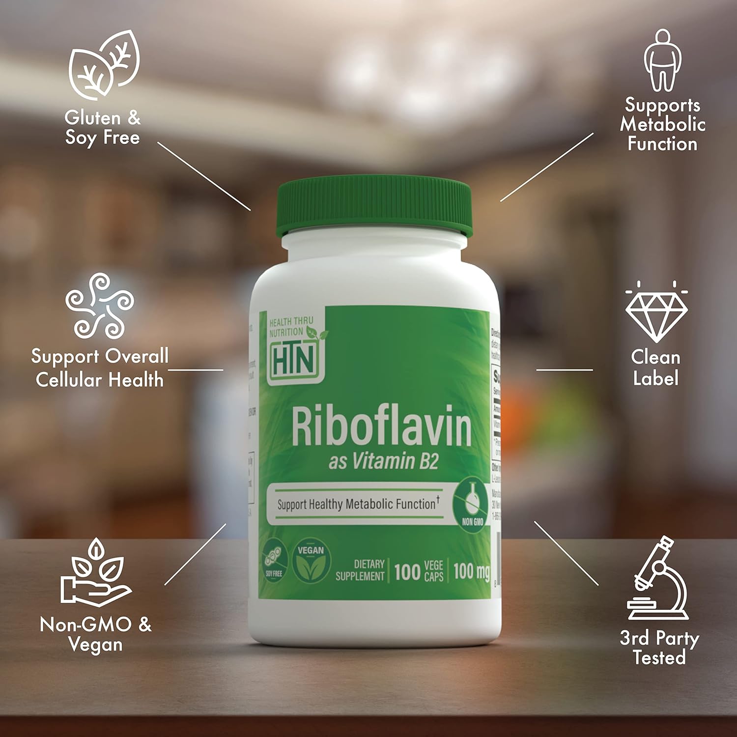 Riboflavin 100mg Vitamin B2 100 Vegecaps for Healthy Energy & Metabolism - Non-GMO & Hypoallergenic