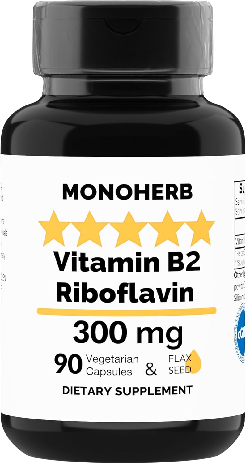 Riboflavin 300mg Capsules for Migraine Relief - MONOHERB Vitamin B2 Supplement - 90 Count