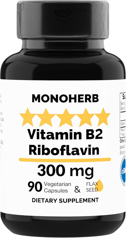 Riboflavin 300mg Capsules for Migraine Relief - MONOHERB Vitamin B2 Supplement - 90 Count