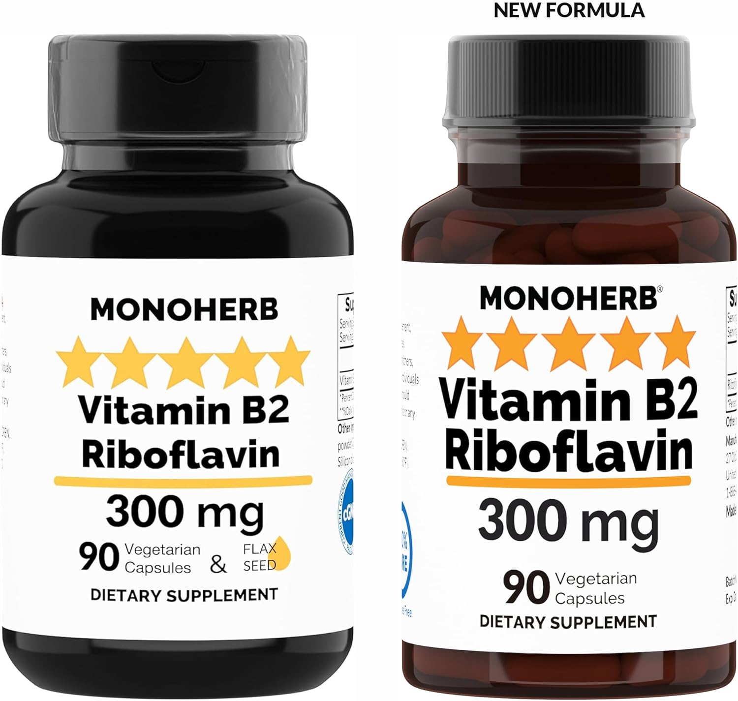 Riboflavin 300mg Capsules for Migraine Relief - MONOHERB Vitamin B2 Supplement - 90 Count