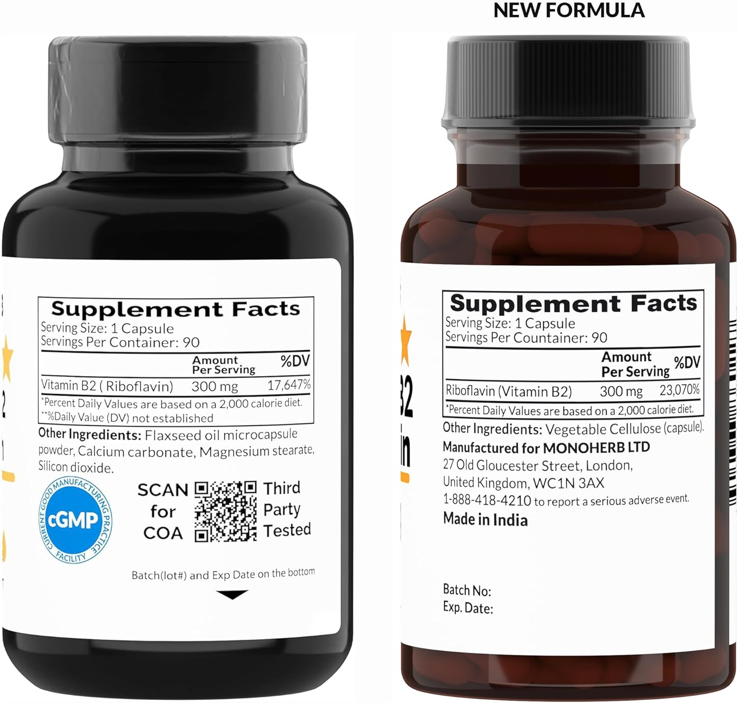 Riboflavin 300mg Capsules for Migraine Relief - MONOHERB Vitamin B2 Supplement - 90 Count